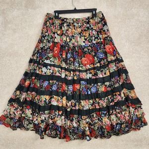 Bila Black Floral Elastic Pleated Ruffle Tiered Broom Skirt Women's Size Small